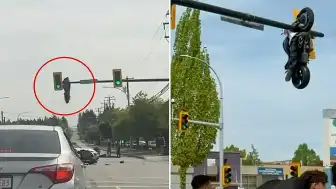 Kanada'da Trafik Işığında Asılı Kalan Motosiklet Şaşkınlık Yarattı